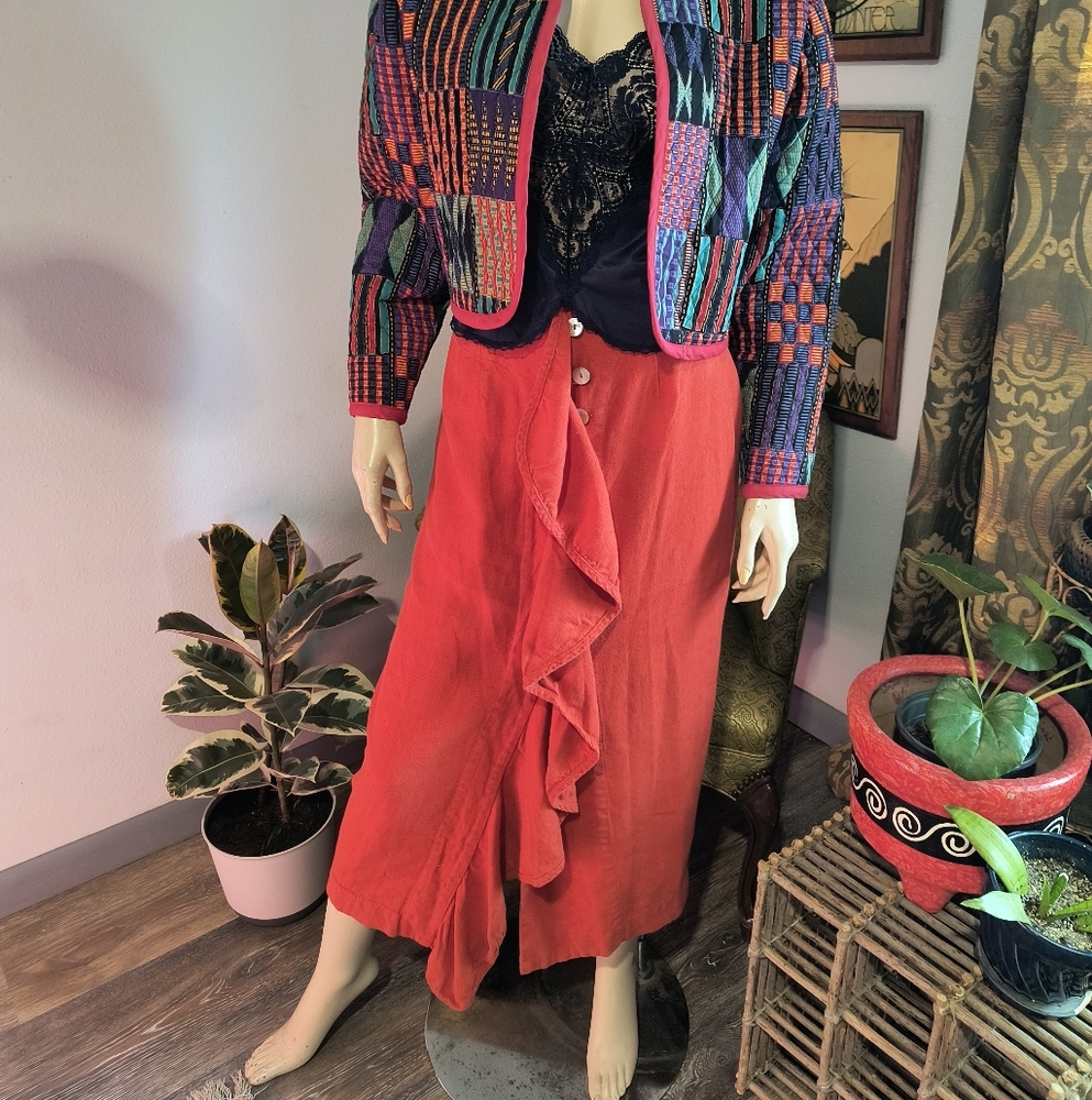 Jan Barboglio Orange Ruffle Button Maxi Skirt Small